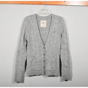 Hollister Y2K Rare Gray Elena Cable Knit Deep V Bella Swan Cardigan Sweater Sz L